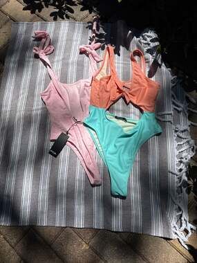 Nasty Gal Swim Bundle: Pink Tie-Shoulder NWT & Color-Block Cut-Out US 2